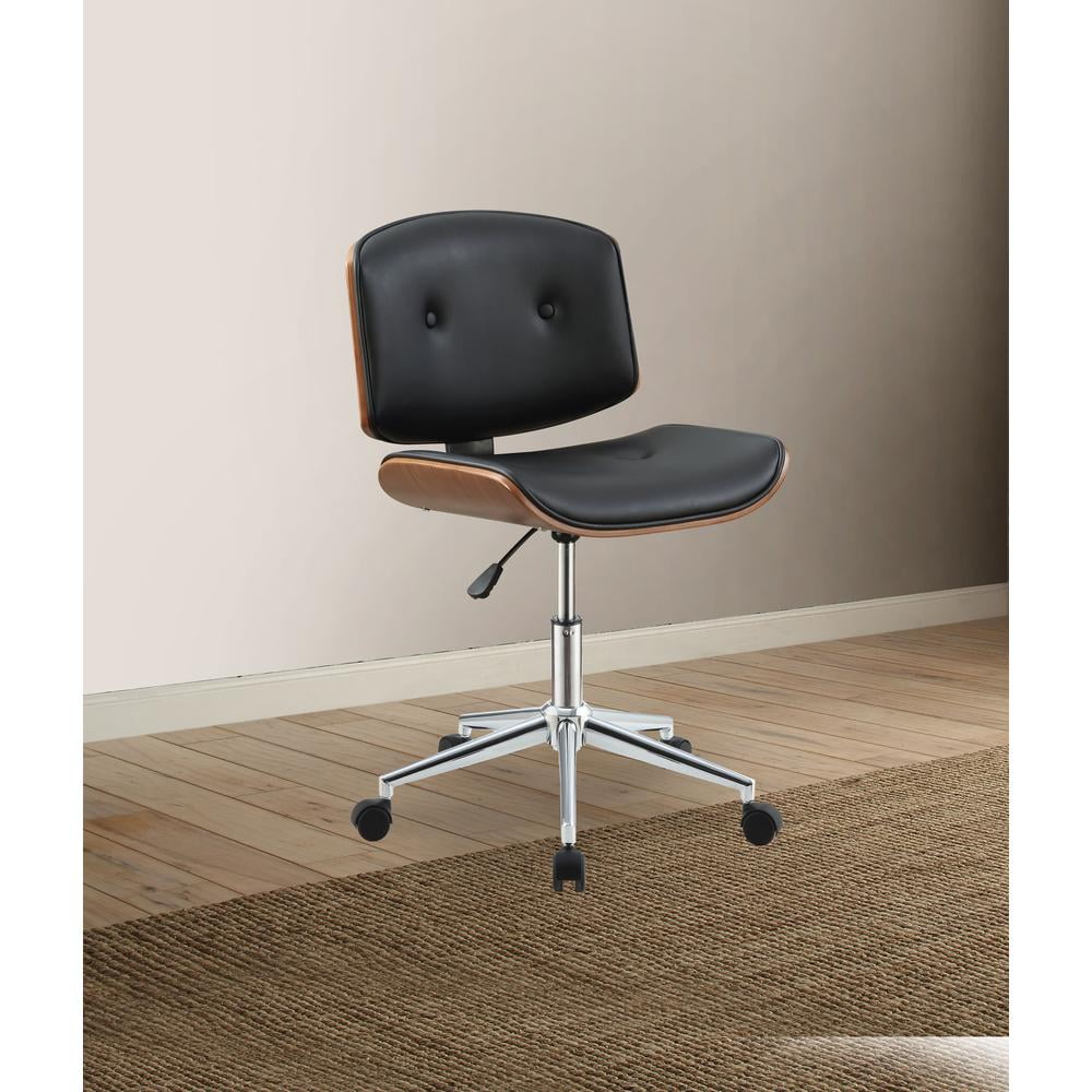 Black Faux Leather Walnut Swivel Office Chair