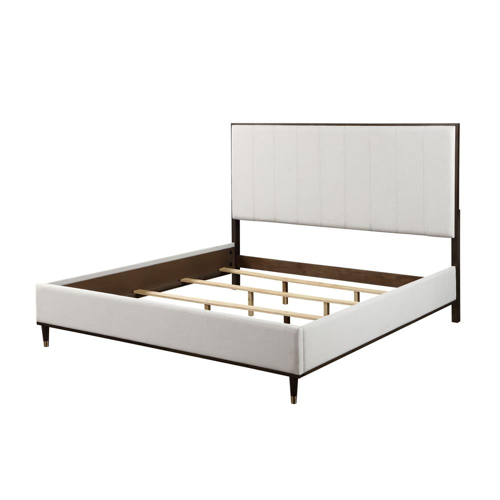 Light Gray and Brown Upholstered Queen Bed with Tufted Headboard and Storage Drawer