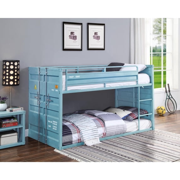 ACME Cargo Container Style Metal Twin over Twin Bunk Bed in Aqua Blue