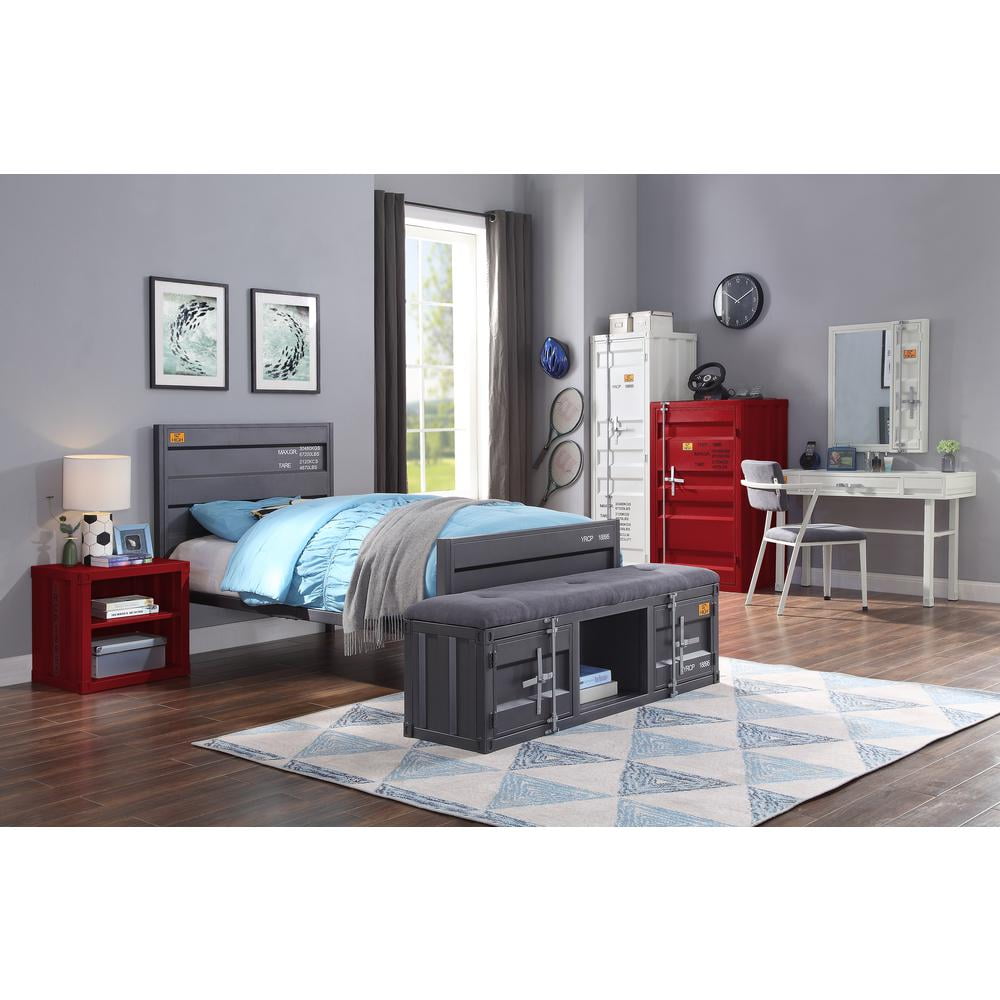 Contemporary Gray Fabric Cargo Storage Bench, 56" Gunmetal Accents