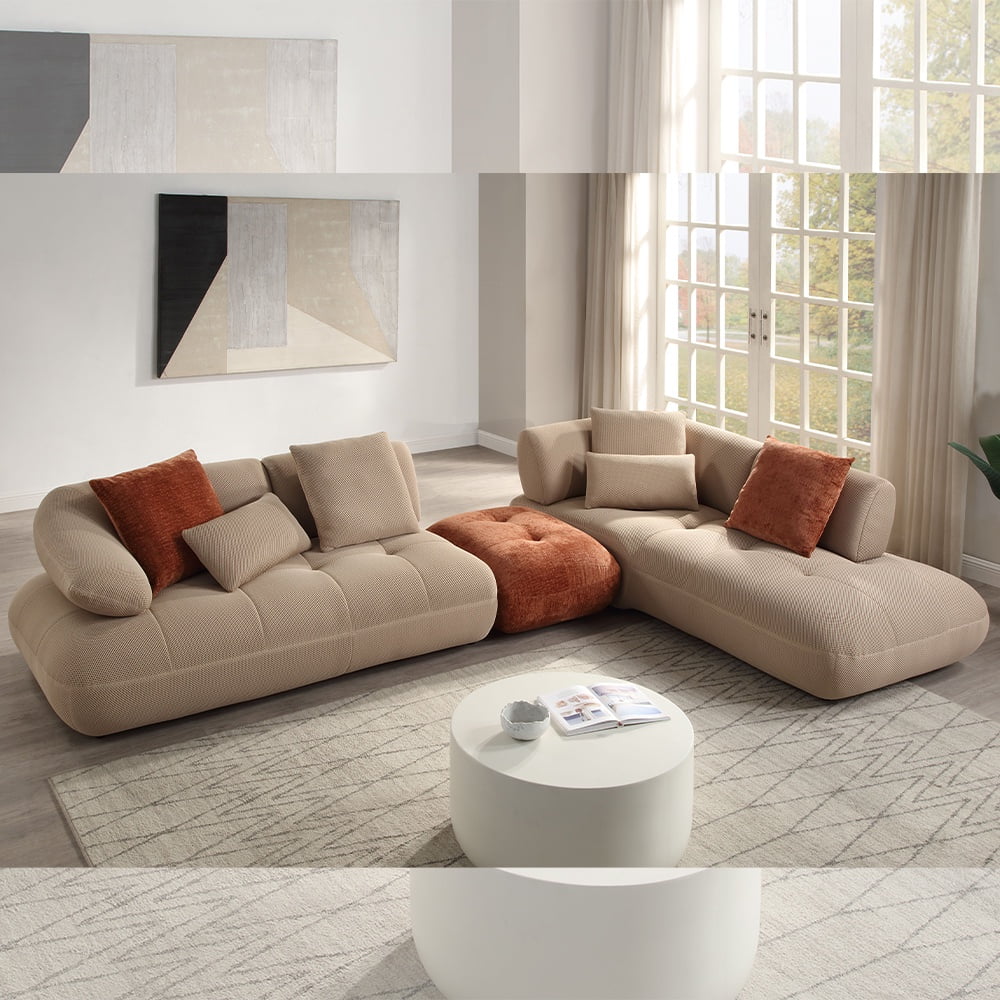 Beige Tufted Fabric Two Piece Sectional Sofa with 6 Pillows