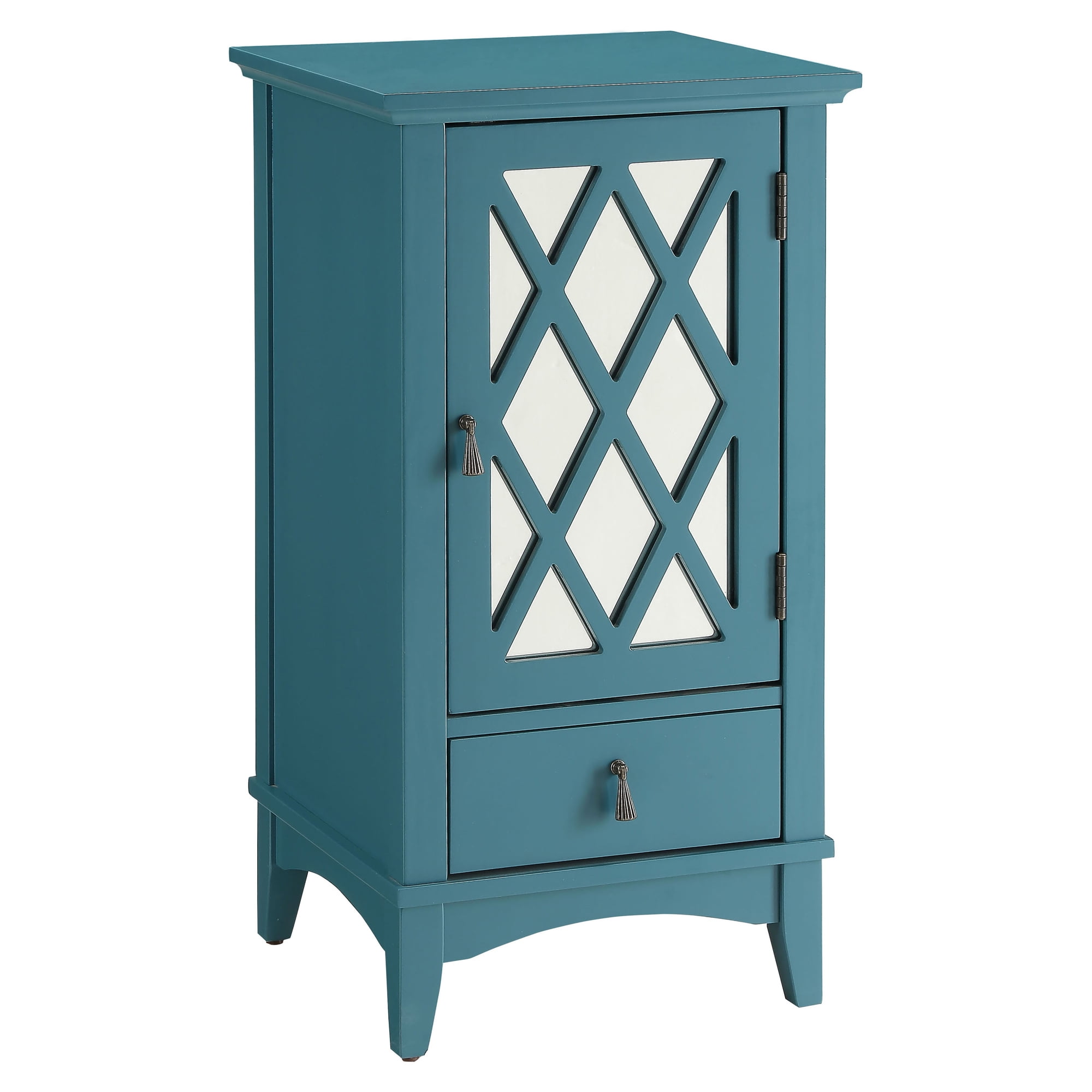 Teal Mirrored Glass Door Accent Table with Storage