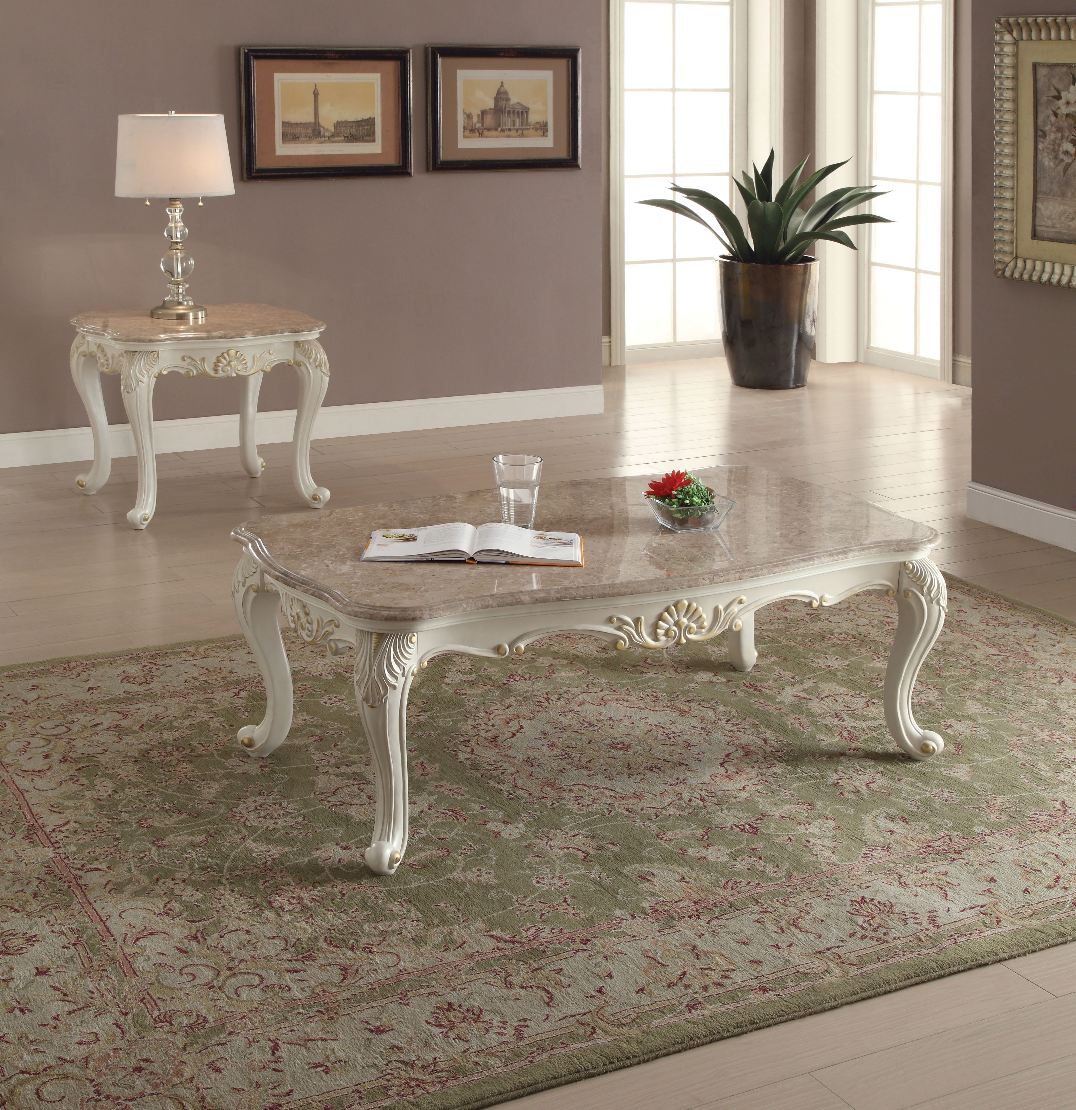 Chantelle Pearl White Rectangular Coffee Table with Marble Top