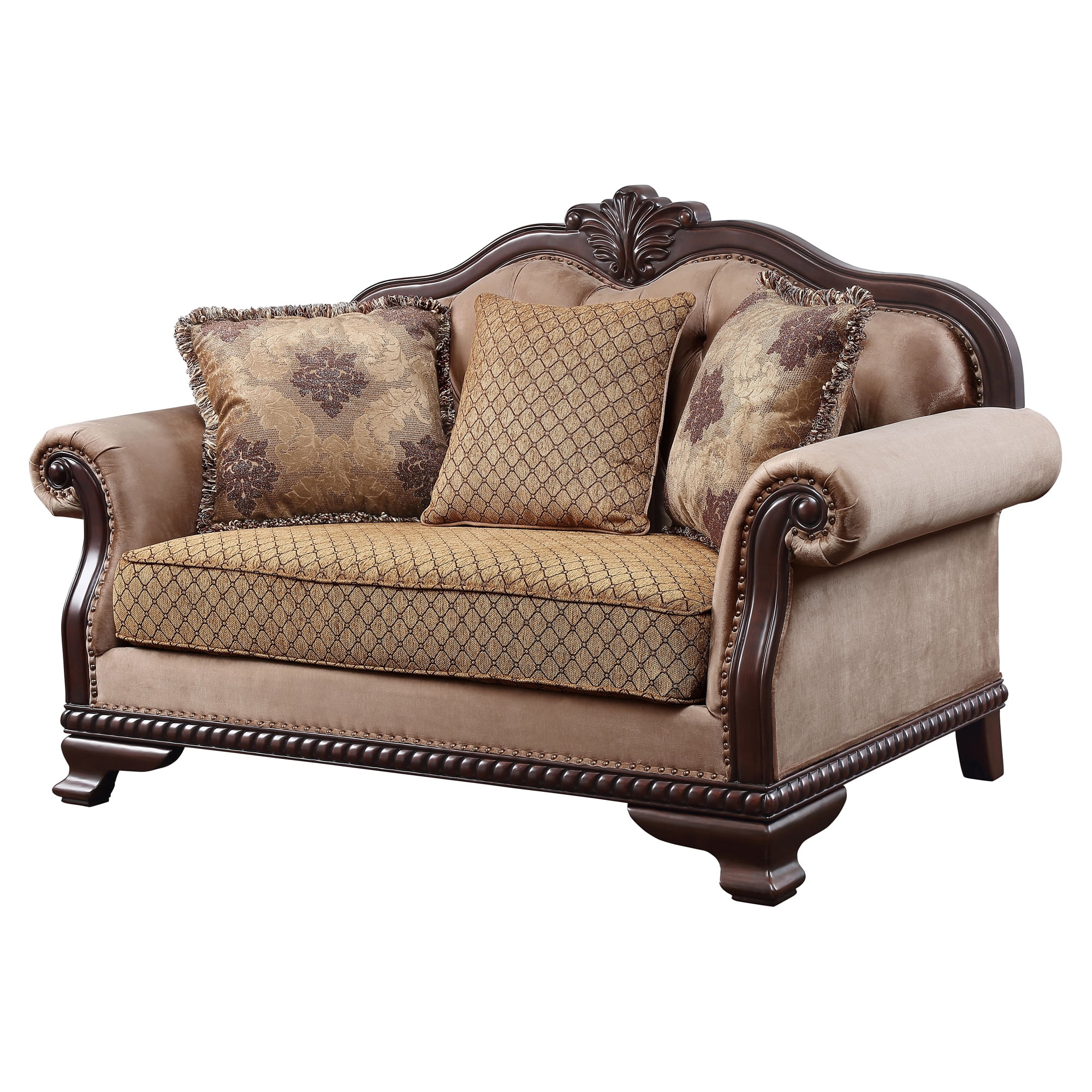 Beige Tufted Fabric Loveseat with Floral Pillows and Nailhead Trim