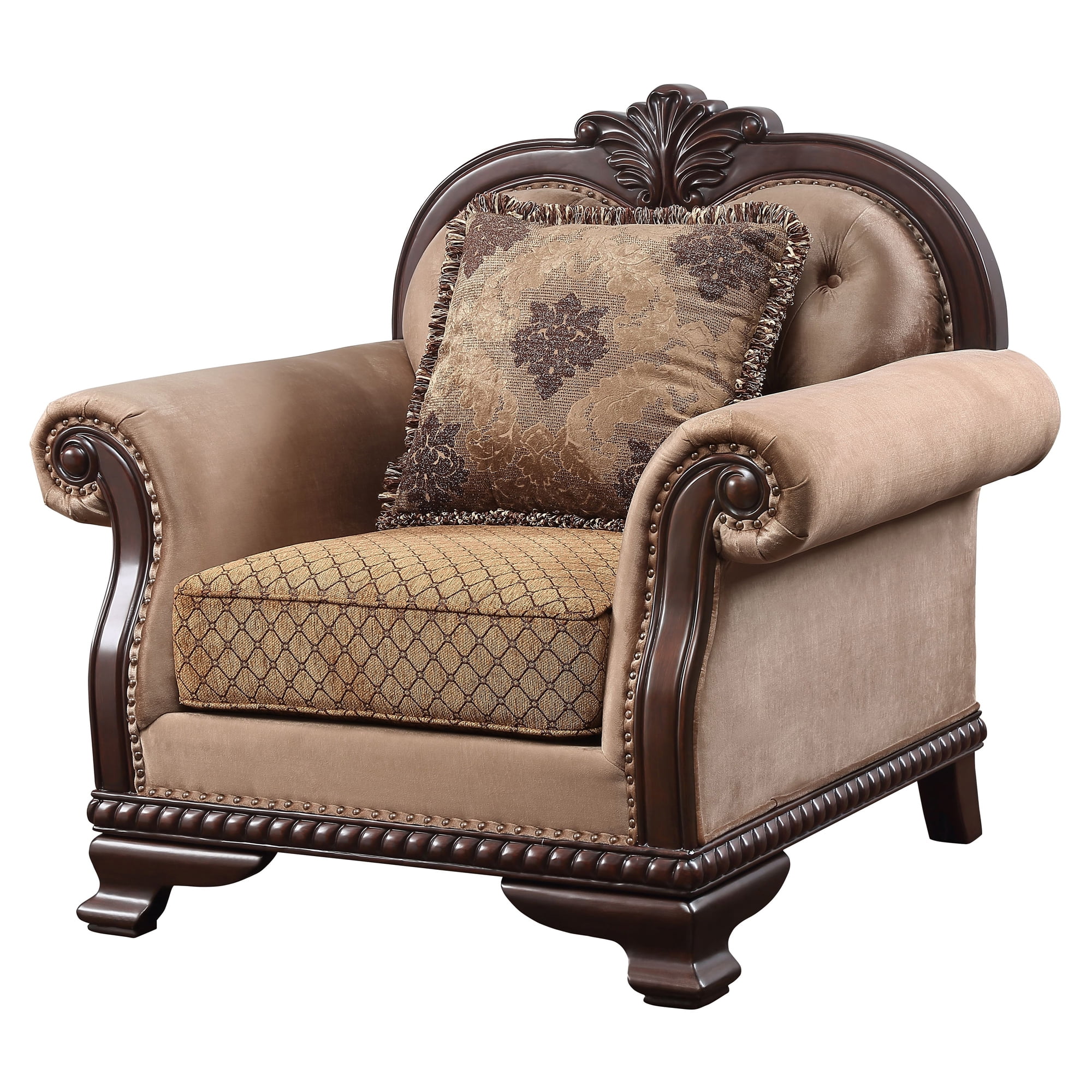 Beige Floral Upholstered Barrel Accent Chair with Wood Frame