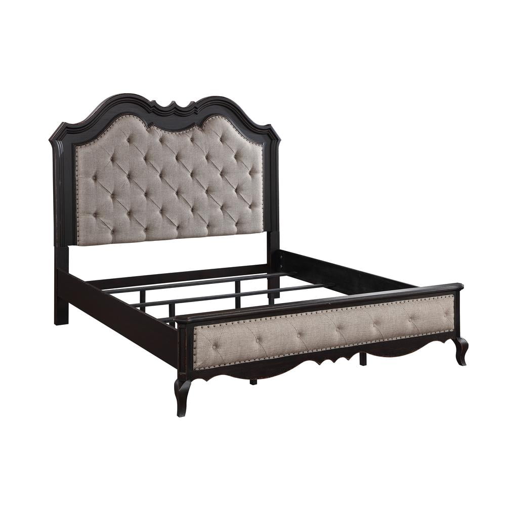 Chelmsford Queen Bed with Beige Tufted Upholstery and Antique Black Wood Frame