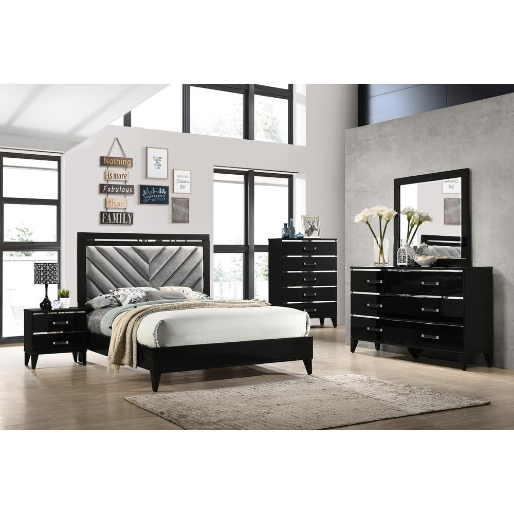Chelsie Sleek Black Solid Wood Nightstand with Silver Accents