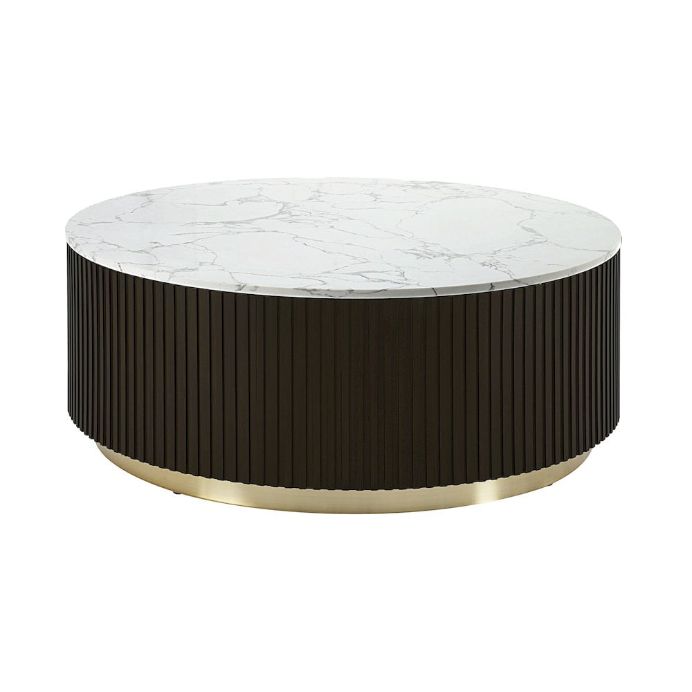 Clayten Round White Marble and Espresso Wood Coffee Table