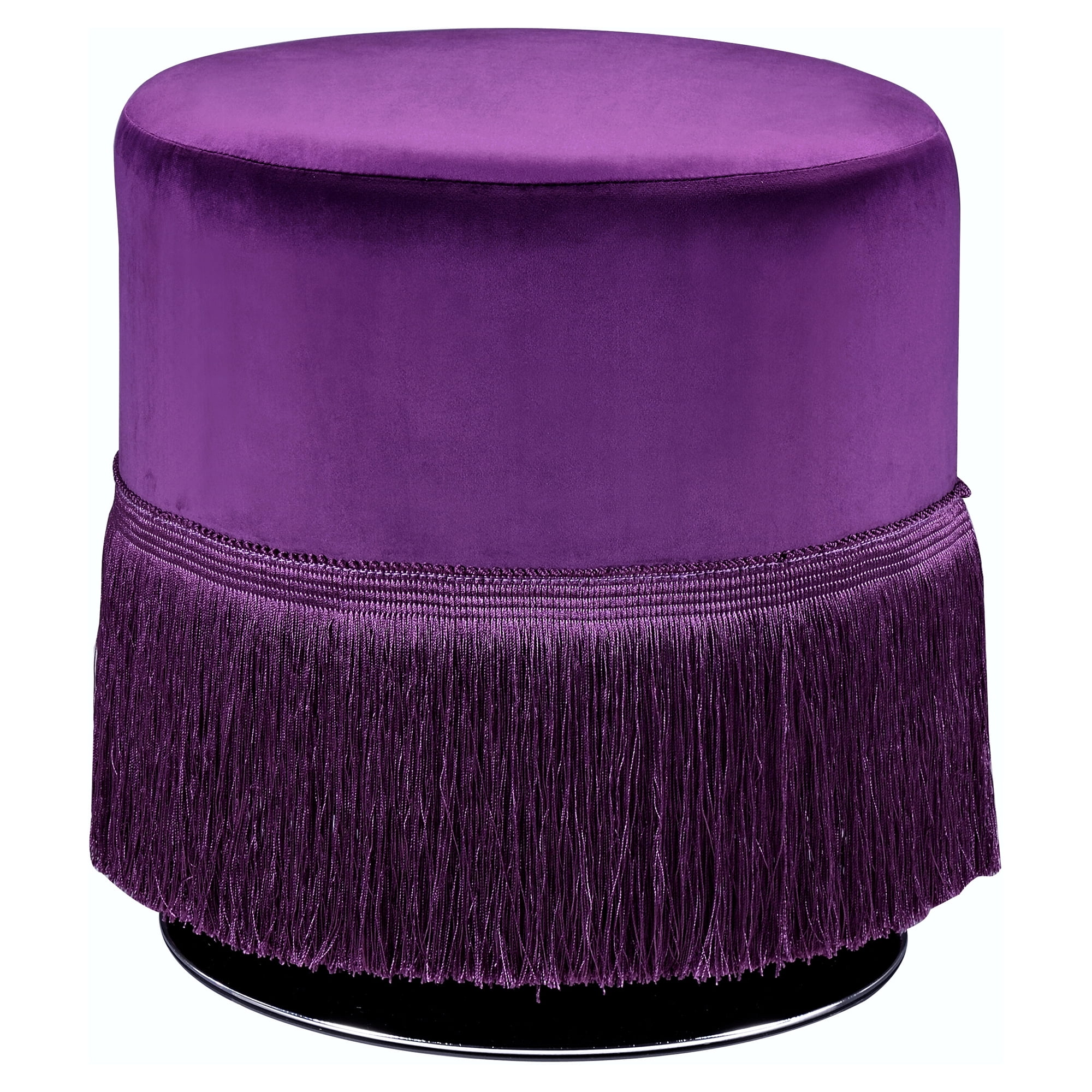 Clivia Midnight Blue Velvet Round Storage Ottoman with Fringe Base