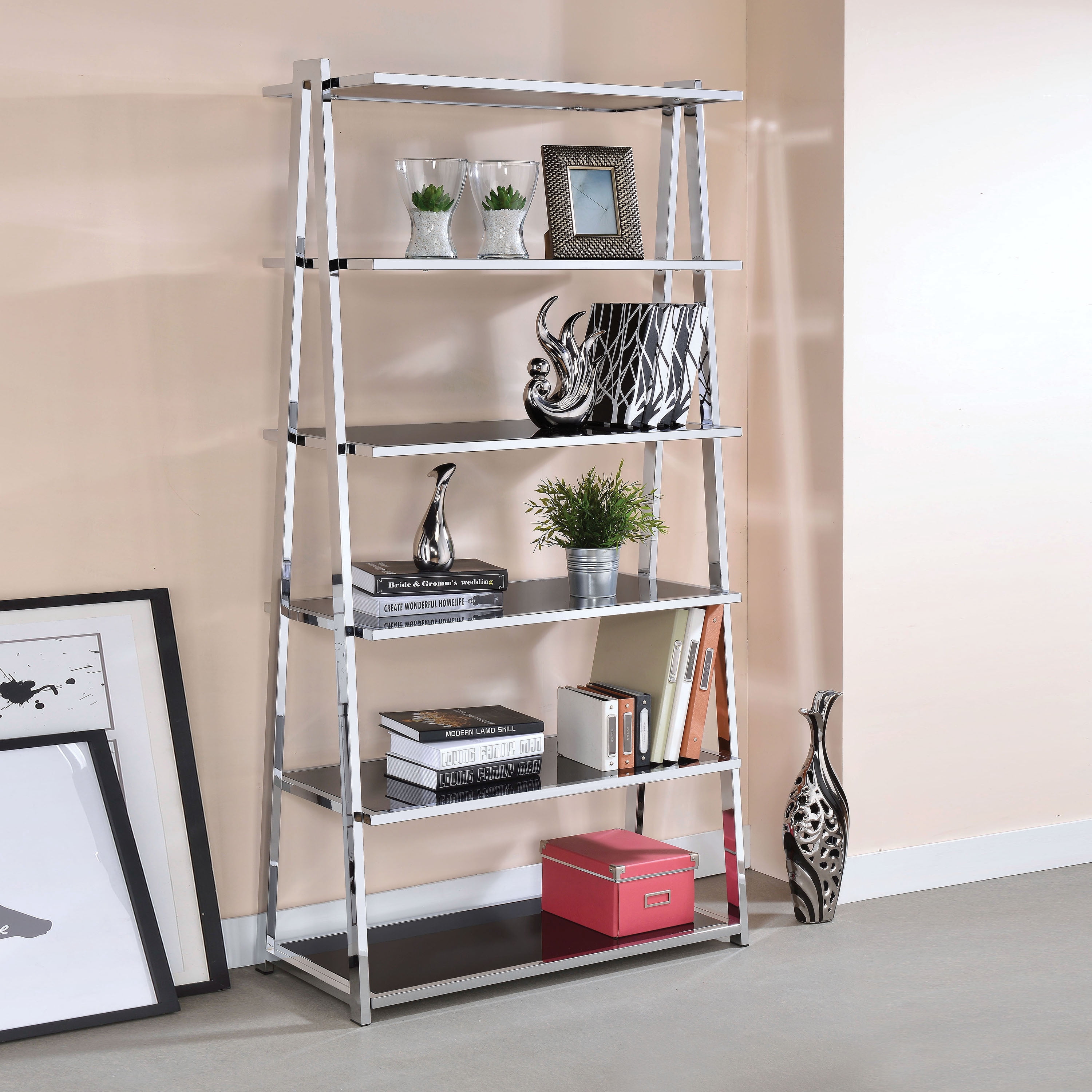 ACME Coleen Leaning Bookcase in Black High Gloss and Chrome - Walmart.com