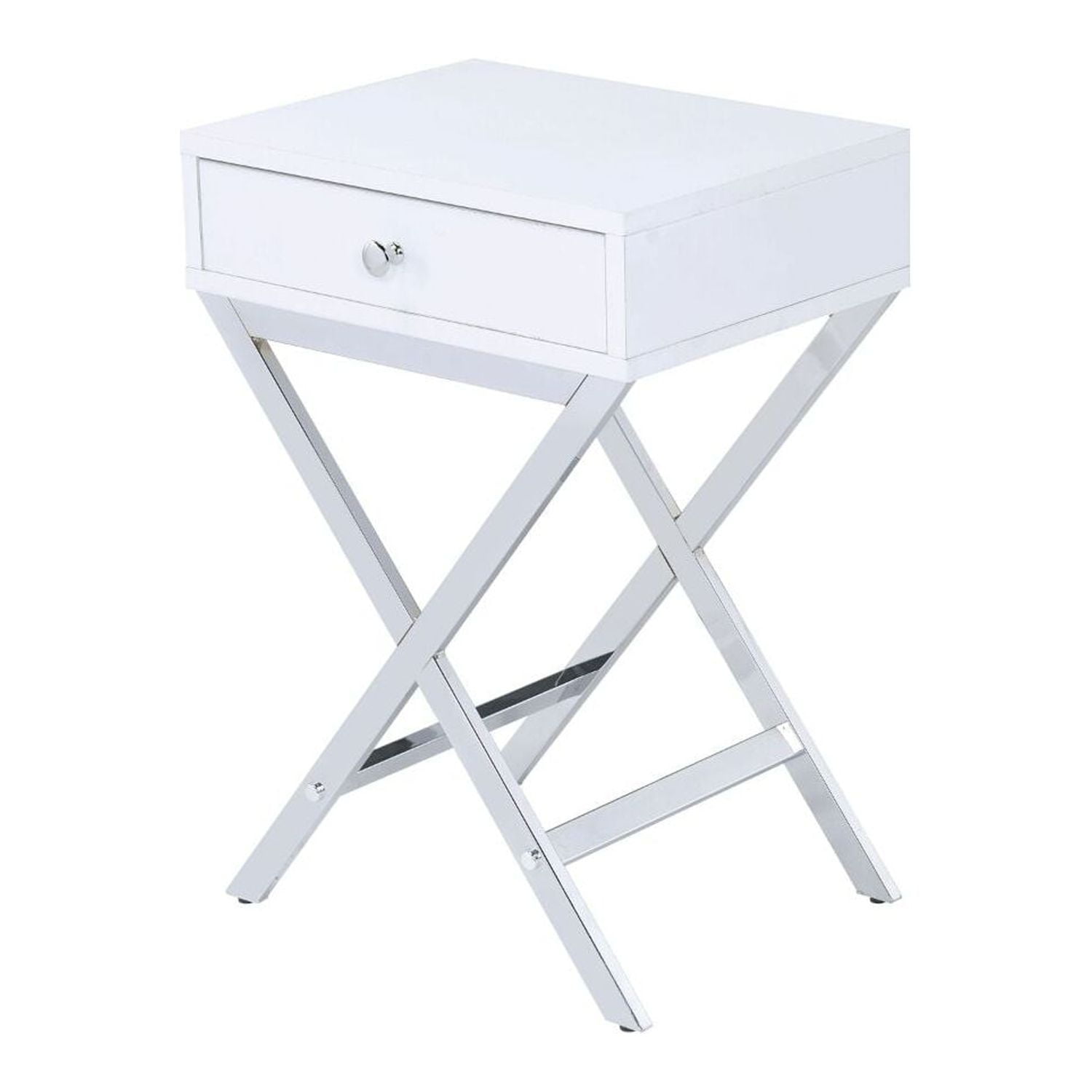 White and Chrome 16" Rectangular Side Table with Drawer Storage