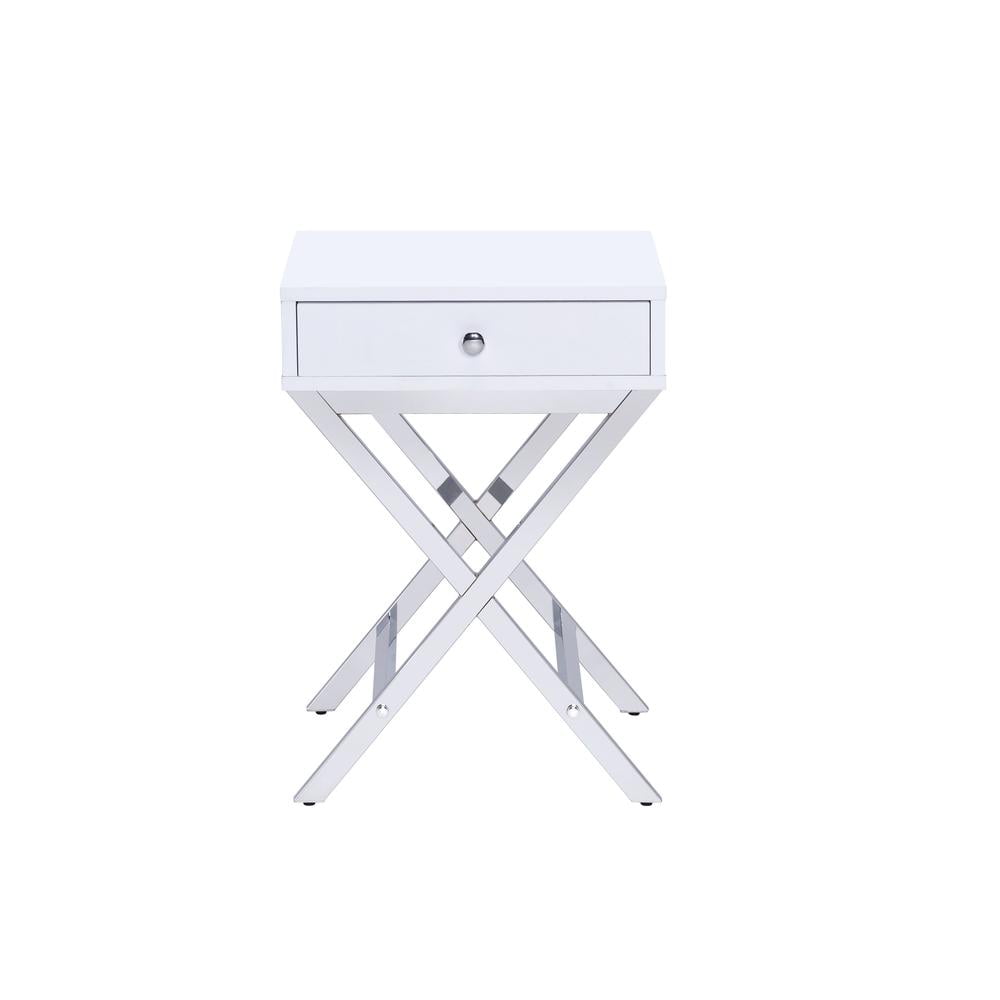 White and Chrome 16" Rectangular Side Table with Drawer Storage
