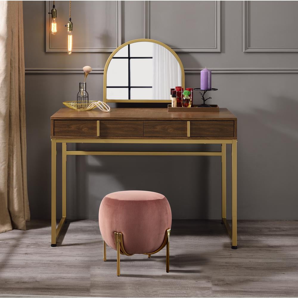 Walnut and Gold Vanity Desk with Mirror and Jewelry Trays