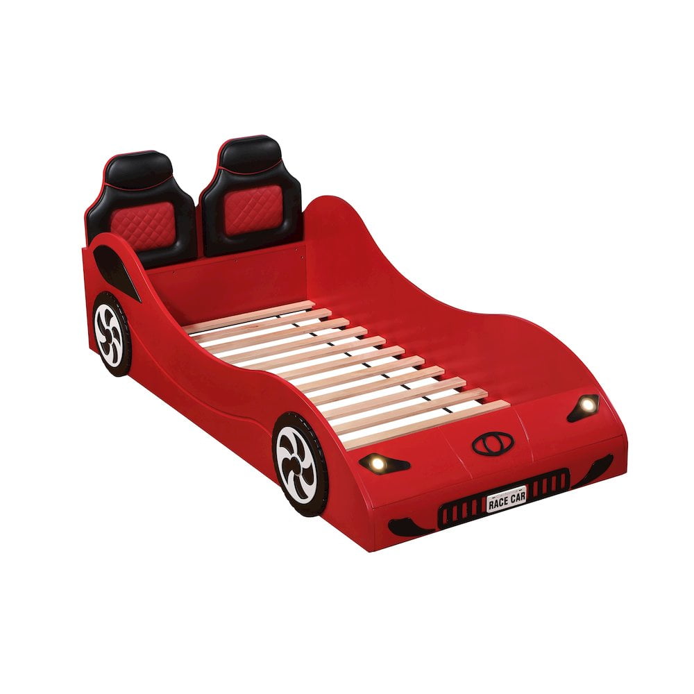 ACME Colen Transitional Pine Wood & Leather Upholstered Twin Car Bed in Red
