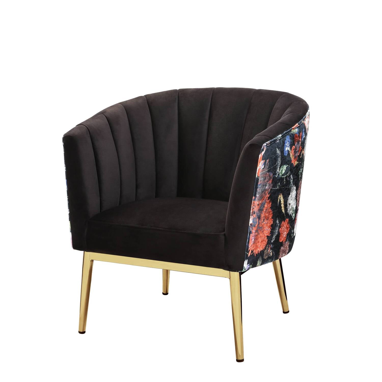 Floral Black Velvet Barrel Accent Chair with Wood Accents