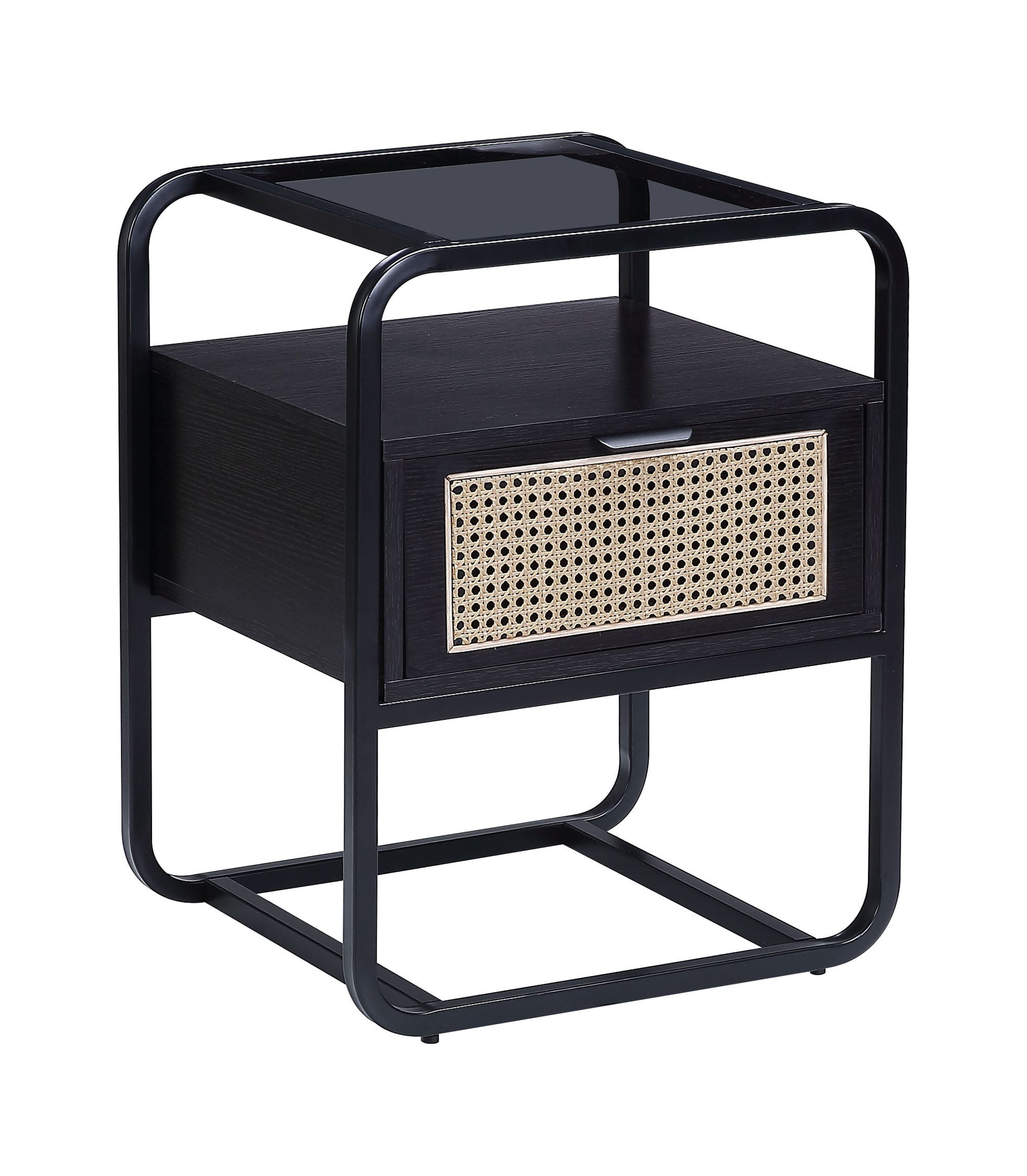 Black Metal and Wood Accent Table with Rattan Drawer