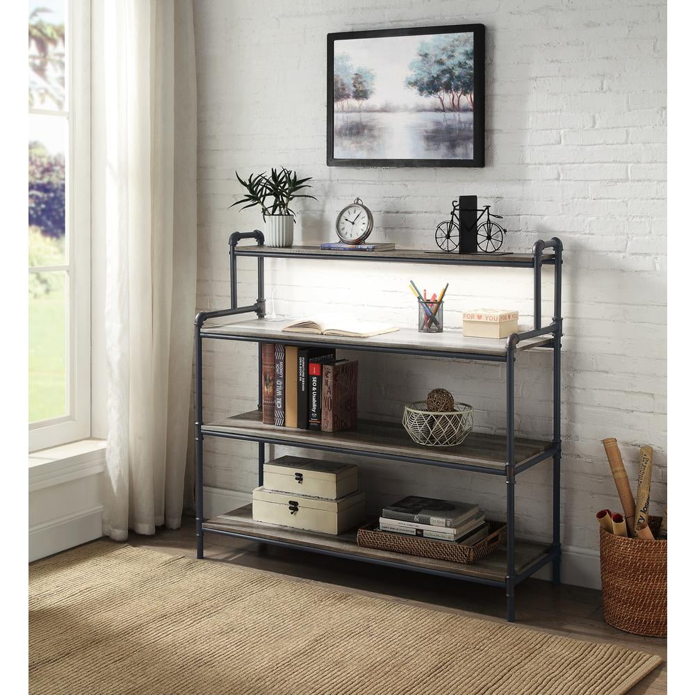 Cordelia 61'' Antique Oak & Sandy Black Industrial Bookshelf with USB
