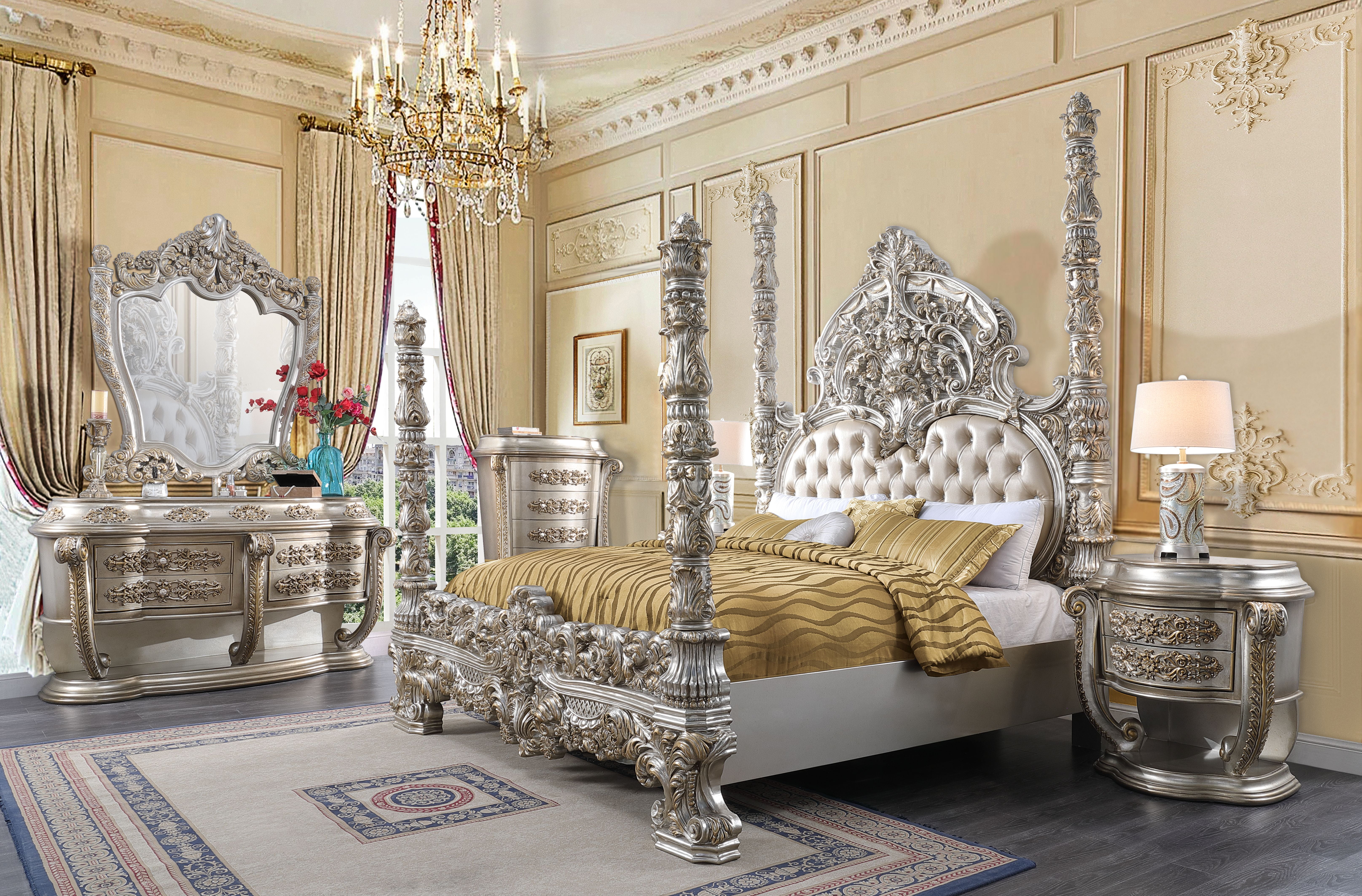 Champagne and Gold King Faux Leather Tufted Bed with Headboard