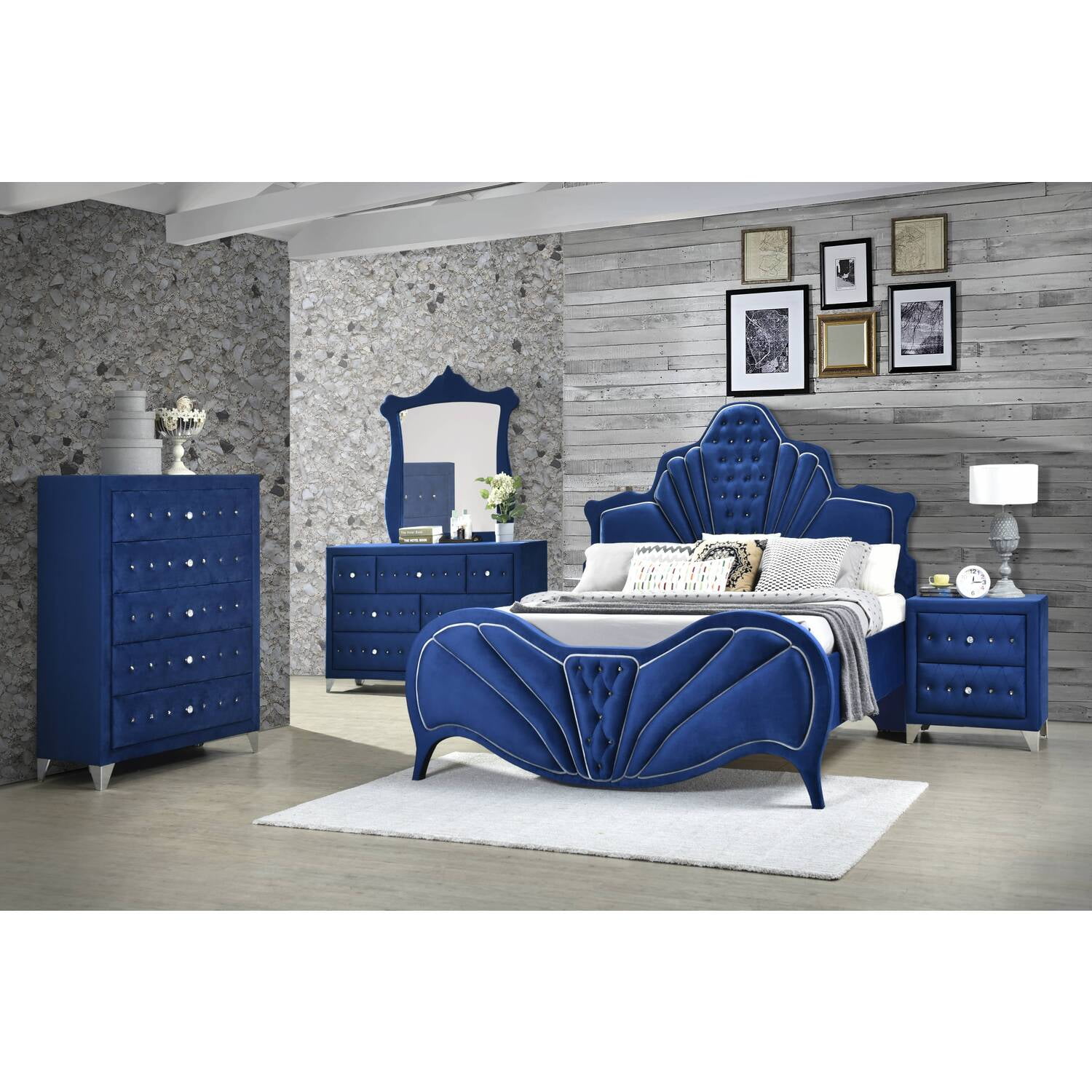 Dante Elegance Blue Velvet 2-Drawer Nightstand with Crystal-Like Knobs
