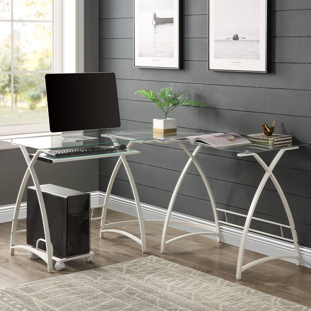 White L-Shaped Glass Computer Desk with Keyboard Tray