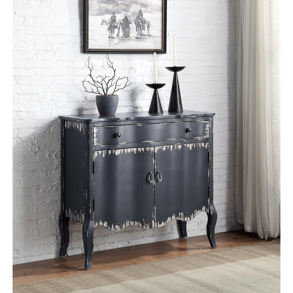 Antique Gray Distressed Wood and Metal Console Table with Storage