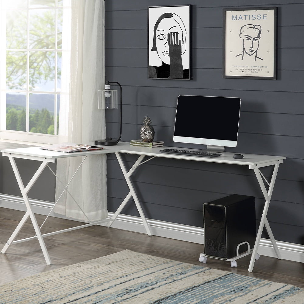 Modern L-Shaped White Wood Computer Desk with USB & Filing Cabinet