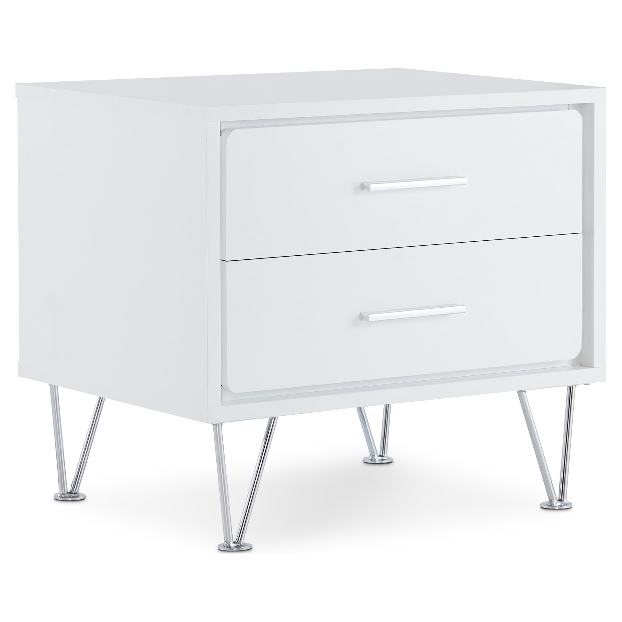 White and Chrome 2-Drawer Nightstand with V-Shaped Metal Legs
