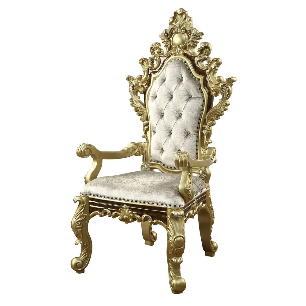 Ornate Beige and Gold Faux Leather Tufted Arm Chair Set