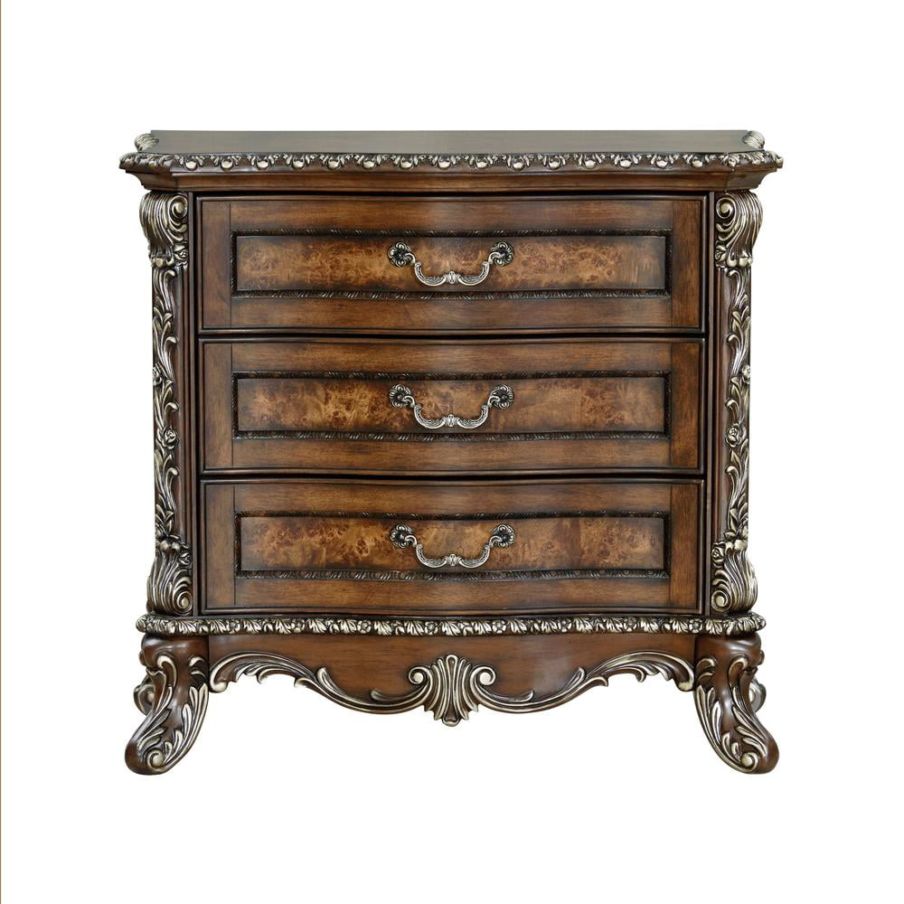 Devany Rich Cherry 3-Drawer Nightstand with Burl Wood Veneers