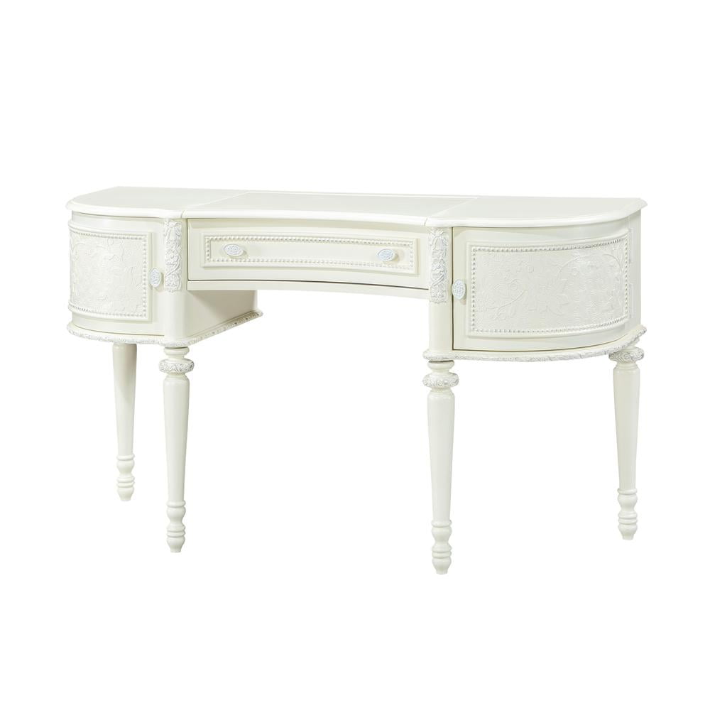 Ivory Pine Wood Vanity Desk with Mirror and Floral Trim