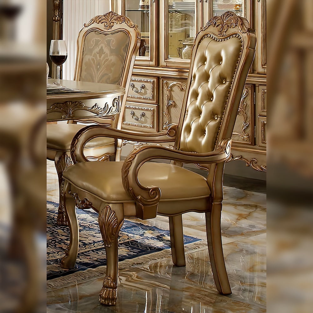 Bone Faux Leather Upholstered Armchair with Gold Patina Finish