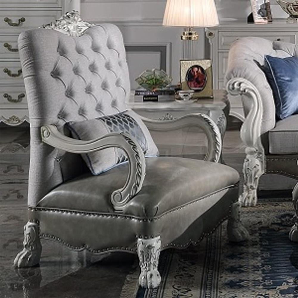 Dresden Bone White Faux Leather Floral Chaise with Wood Frame