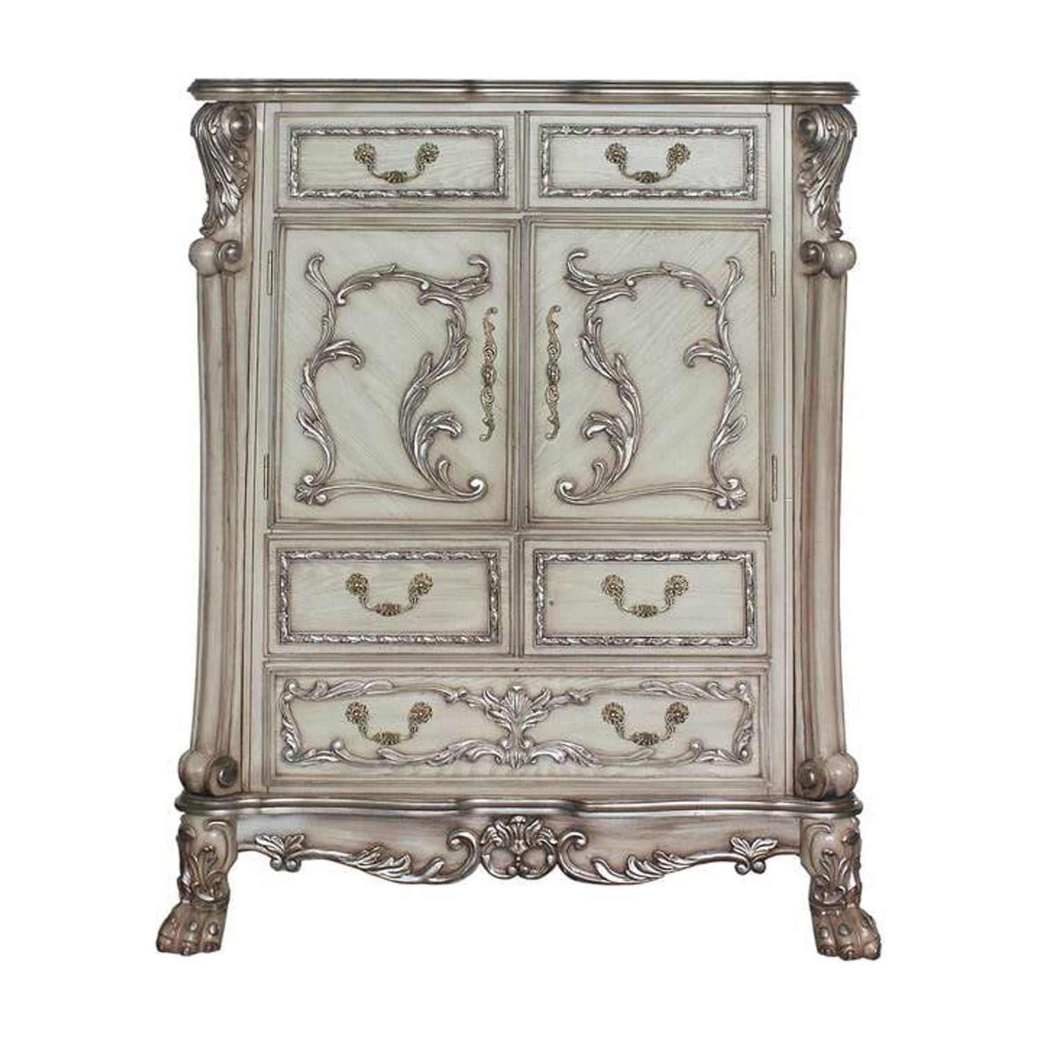 Vintage Bone White Ornate 5-Drawer Chest with Claw Feet
