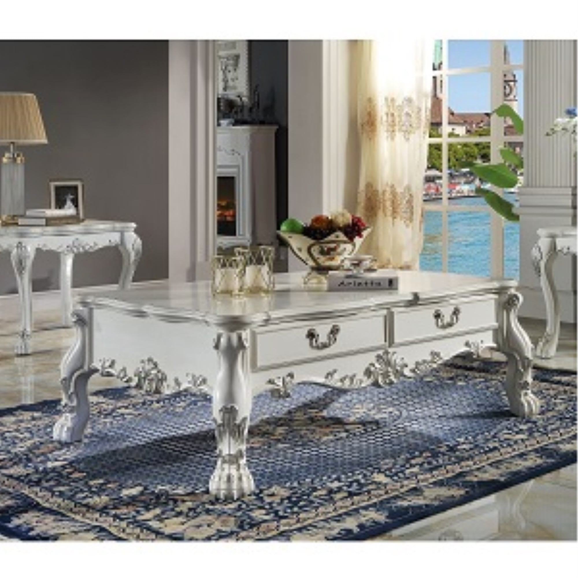 Dresden 57" Bone White Wood Coffee Table with Storage Drawers