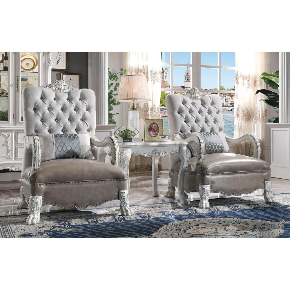 Dresden Bone White Faux Leather Floral Chaise with Wood Frame