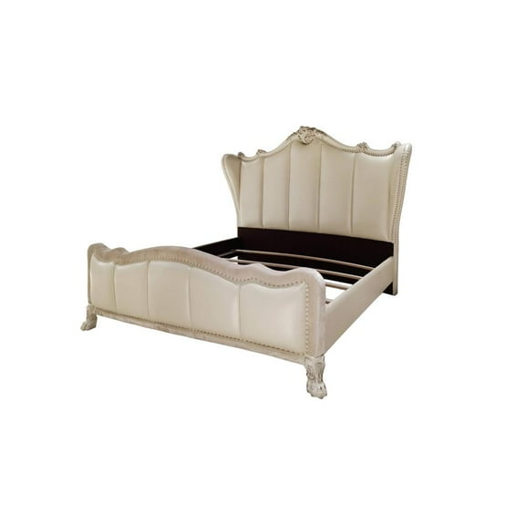 ACME Dresden Faux Leather Channel Tufted California King Bed in Bone White
