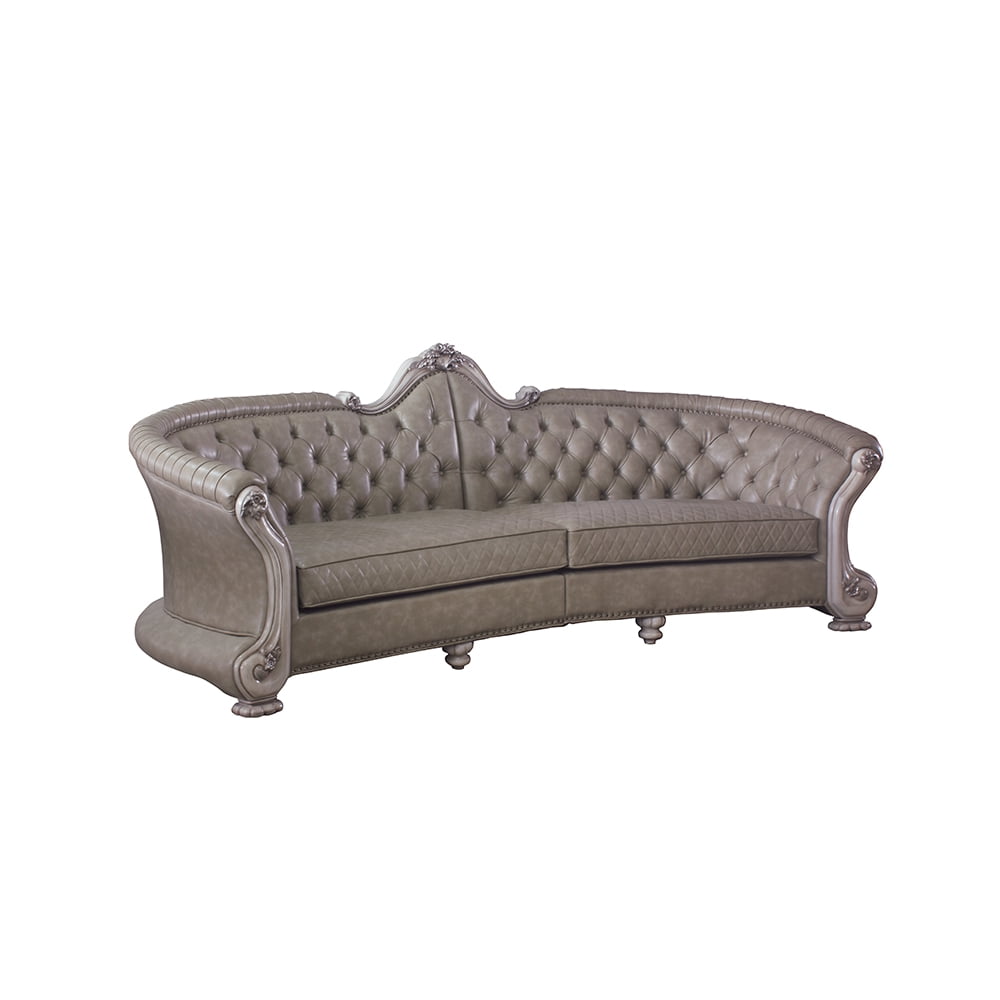 Vintage Bone White Faux Leather Tufted Sofa with Nailhead Trim