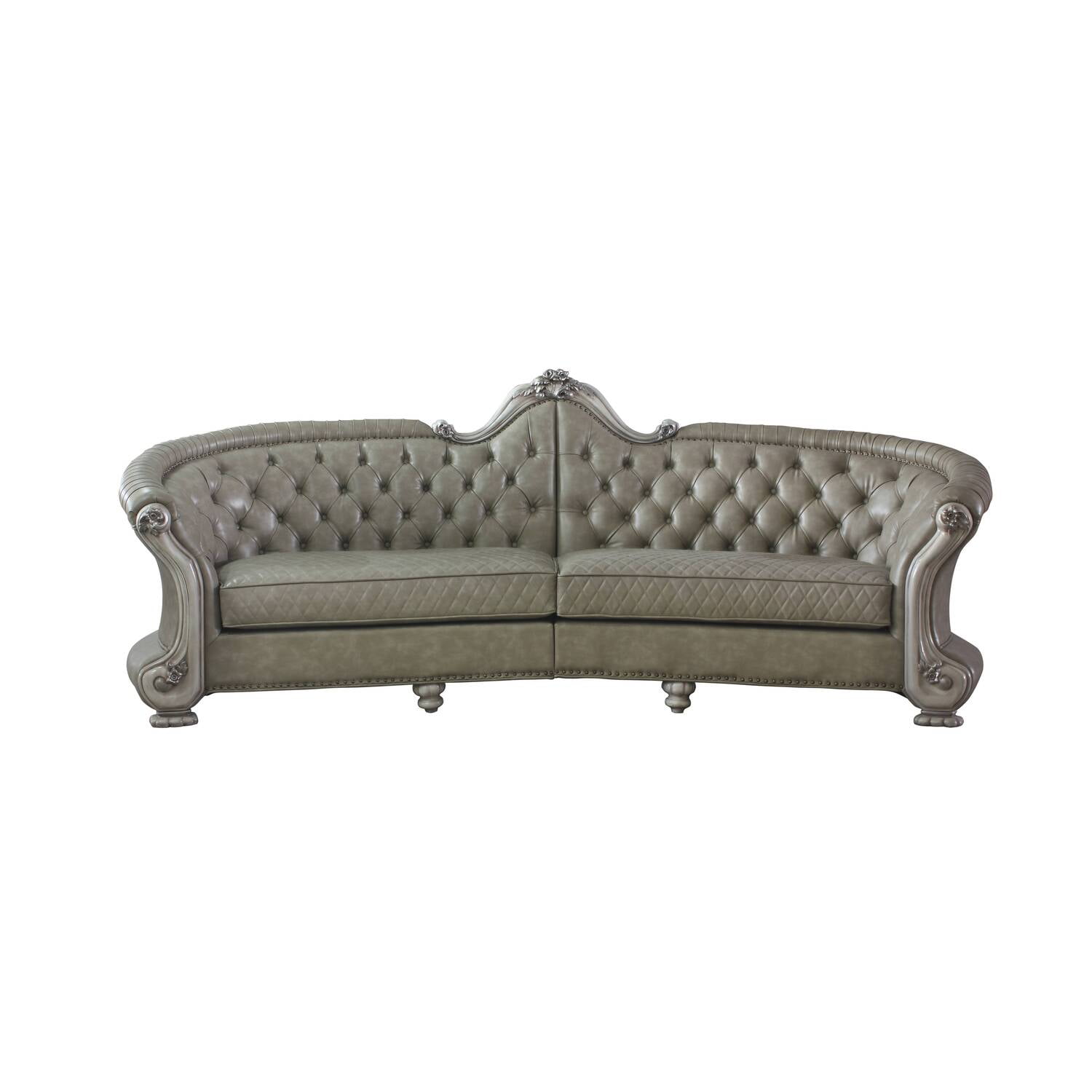 Vintage Bone White Faux Leather Tufted Sofa with Nailhead Trim