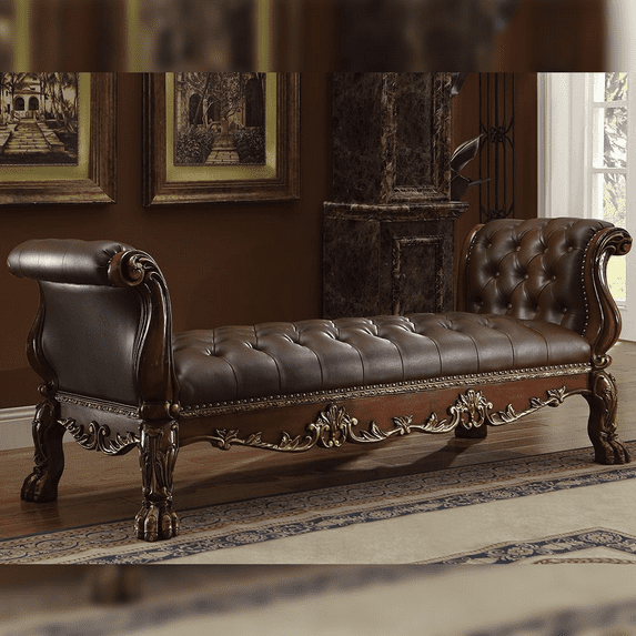 ACME Dresden Faux Leather Tufted Upholstered Bench in Cherry Oak