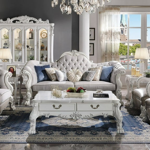 ACME Dresden Leather Upholstered Sofa with 7 Pillows in Bone White