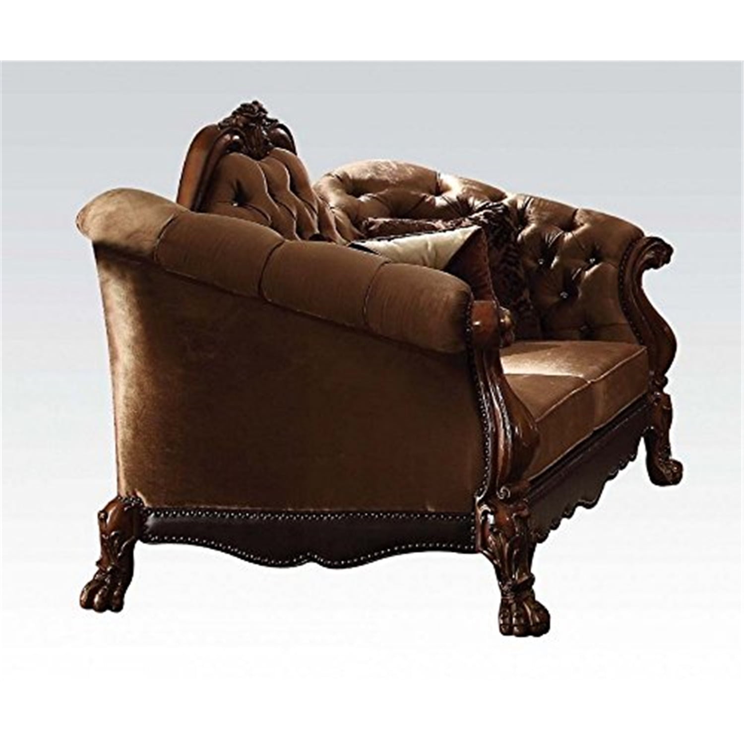 Golden Brown Velvet and Cherry Oak Tufted Loveseat with Nailhead Trim