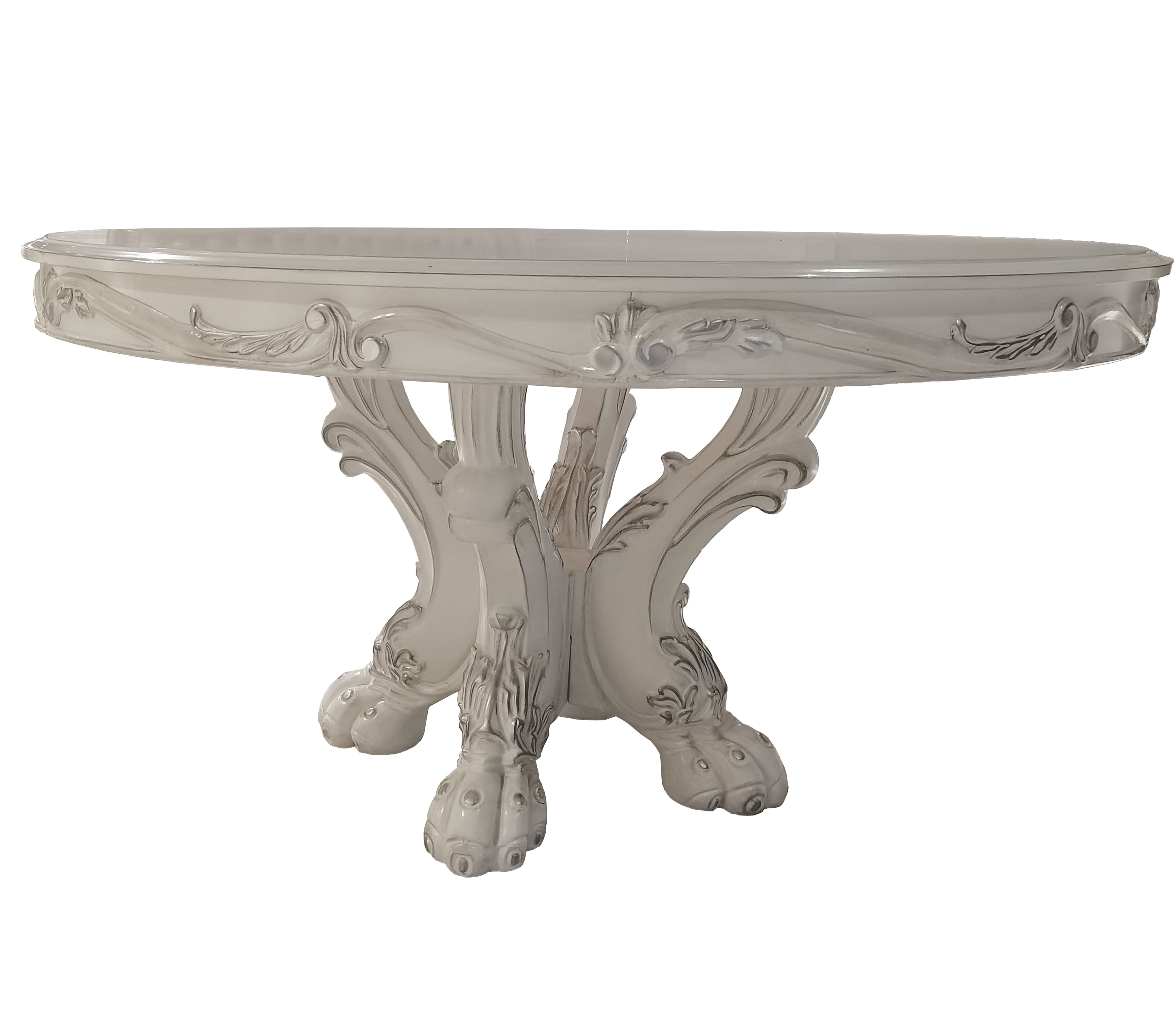 Bone White Round Wood and Glass Dining Table with Pedestal Base
