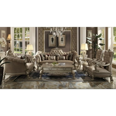 ACME Dresden Sofa w/7 Pillows, Bone Velvet & Gold Patina