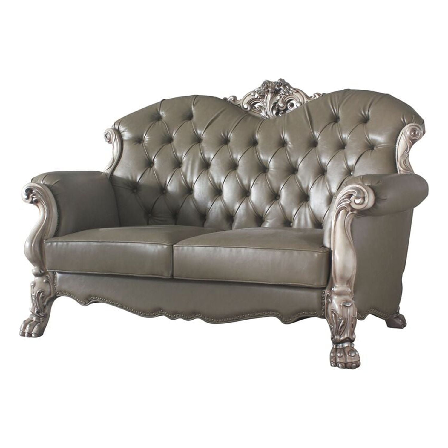 Vintage Bone White Tufted Faux Leather Loveseat with Nailhead Trim