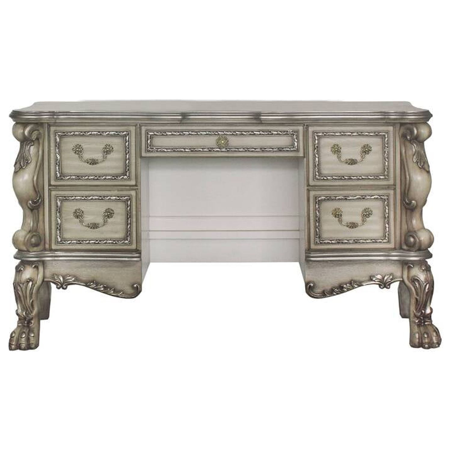 63" Vintage Bone White Ornate Vanity Desk with Claw Legs