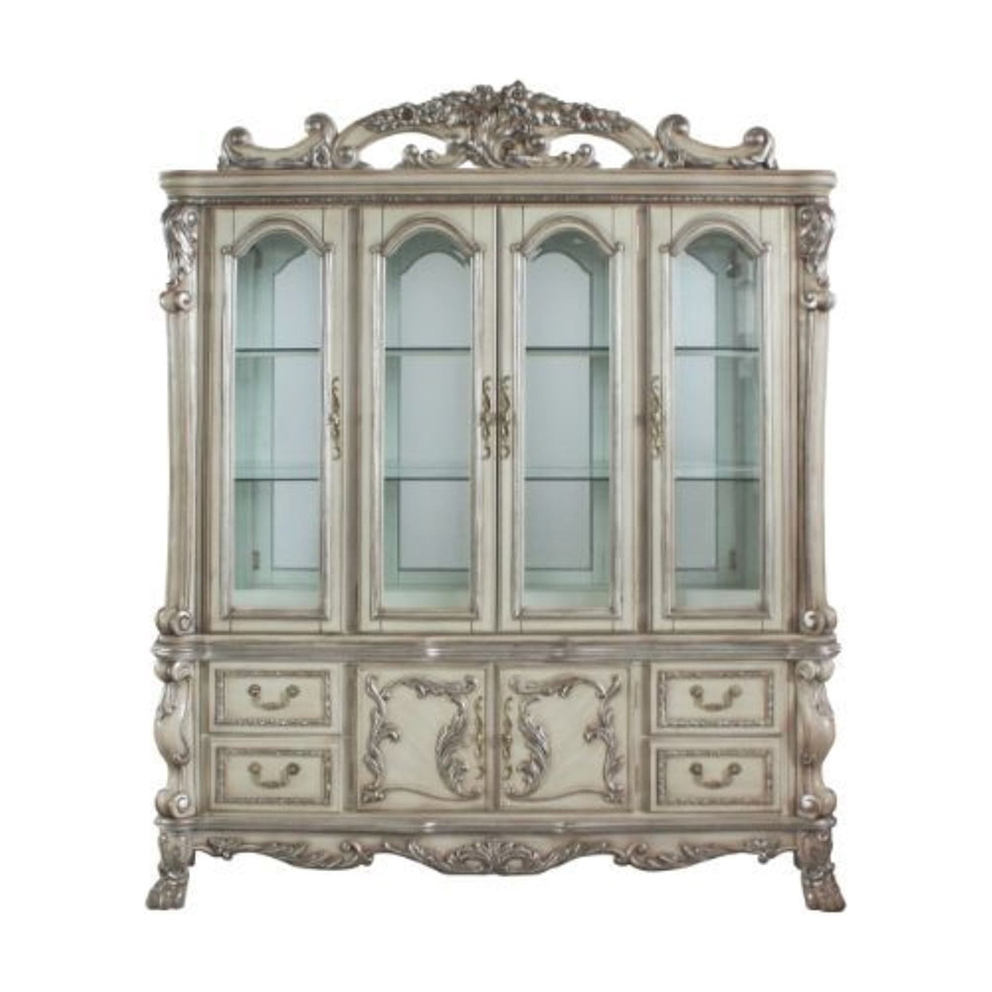 Vintage Bone White Lighted 6-Door Curio Cabinet with Glass Shelves