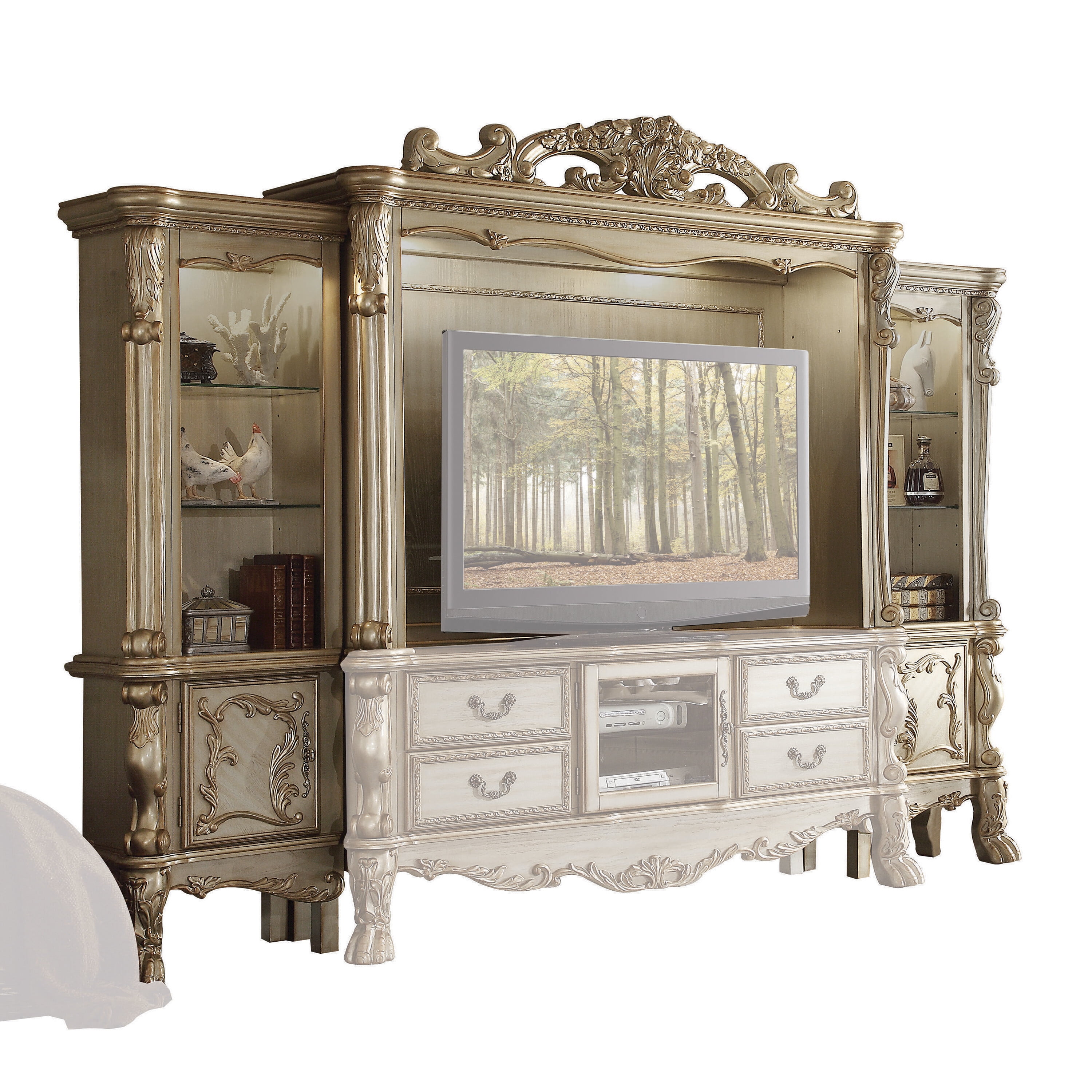 ACME Dresden Wooden Entertainment Center in Gold Patina and Bone