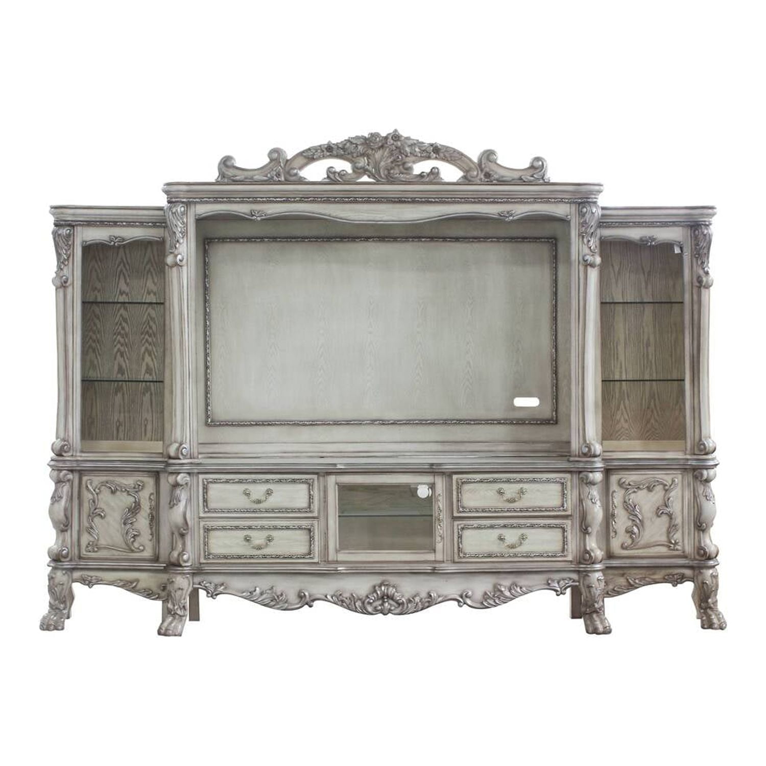 Dresden Vintage Bone White Carved Scrollwork Entertainment Center
