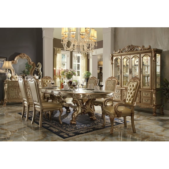 ACME Dresden Wooden Trestle Dining Table with 2 Leaves in Gold Patina and Bone