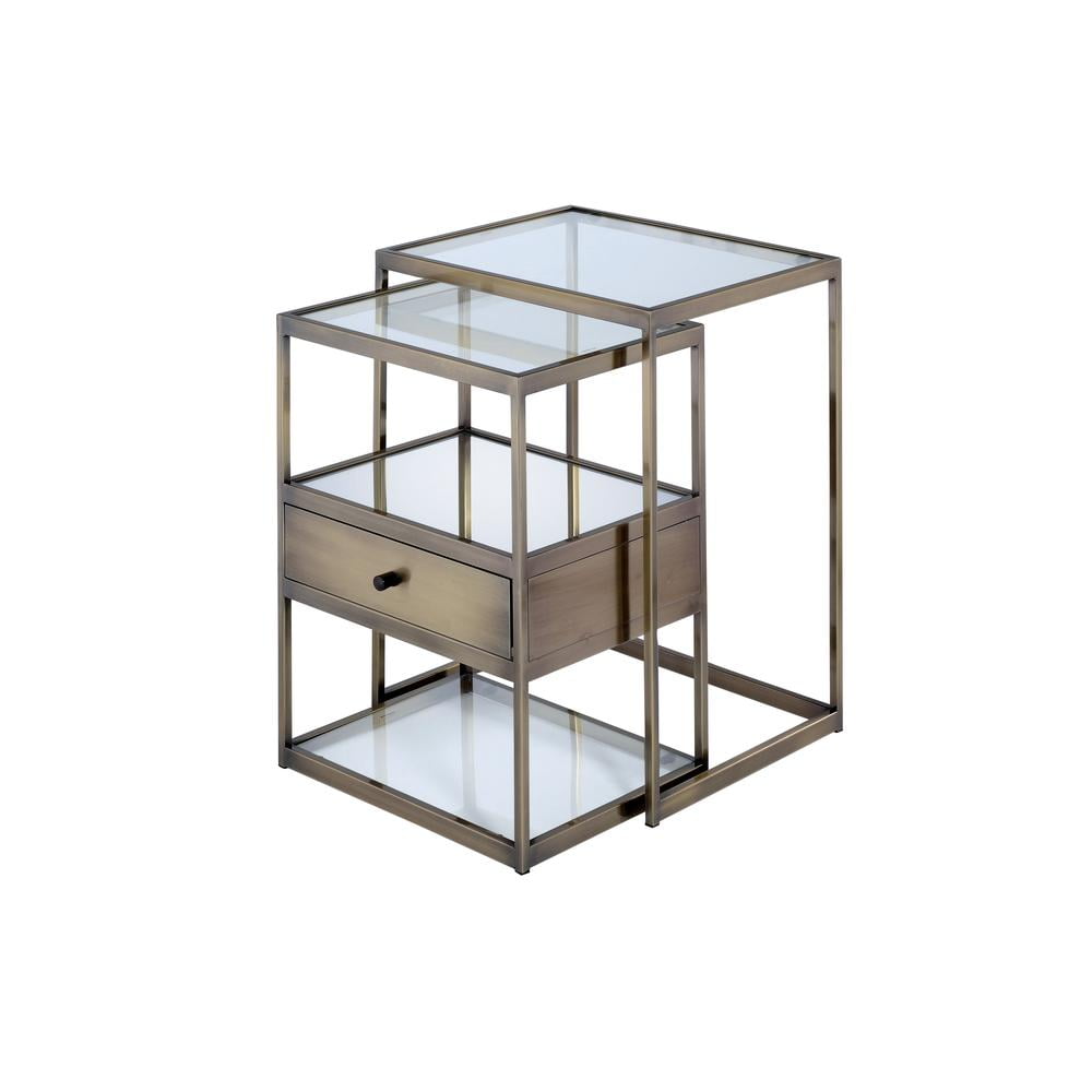 Antique Brass and Clear Glass Nesting Tables with Storage